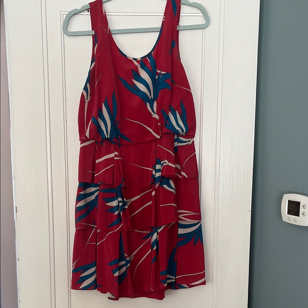 BOGO FARM Rio Red Floral Tiered Mini Dress with Teal & White Print
